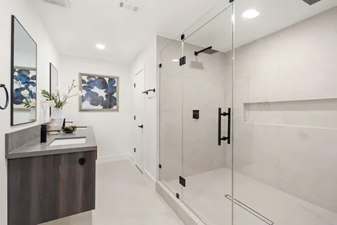 a bathroom with a shower sink vanity and mirror