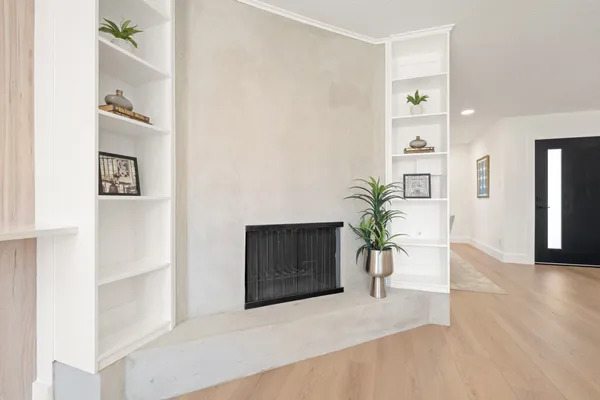 a living room with furniture and a potted plant