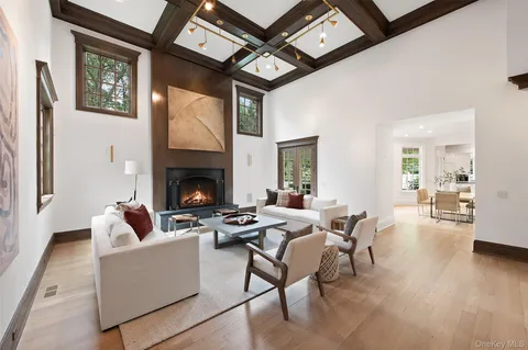a living room with furniture a fireplace and wooden floor