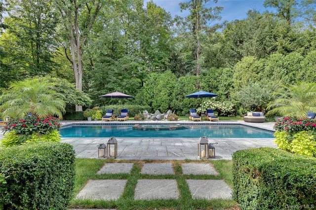 a view of a swimming pool with outdoor seating and plants