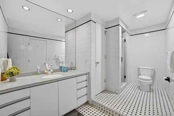 a bathroom with a sink a toilet and a shower