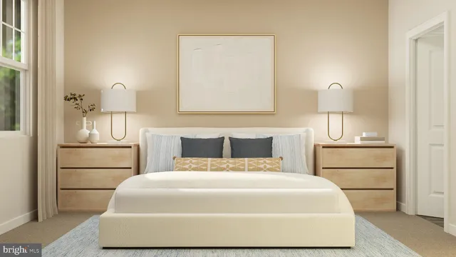 a bedroom with a bed and cabinet