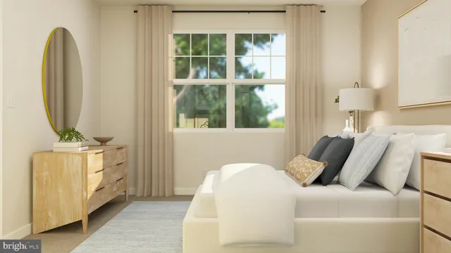 a bed room with a bed and a mirror