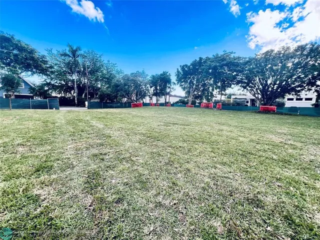 a view of a park with large trees
