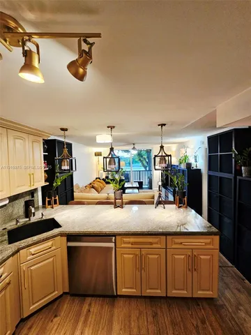 a kitchen with stainless steel appliances granite countertop a sink dishwasher and cabinets with wooden floor