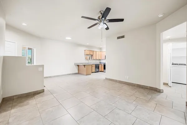 a view of workspace with wooden floor