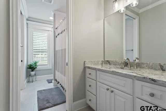 a bathroom with a granite countertop sink two mirror and a shower
