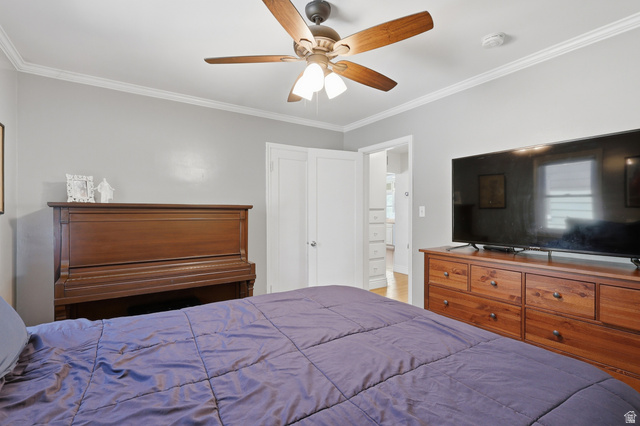 85 North 800 West Provo, UT 84601 - Photo 12 of 25 Bedroom featuring light gray walls, white crown molding, and a brown wood-finish ceiling fan with integrated lighting