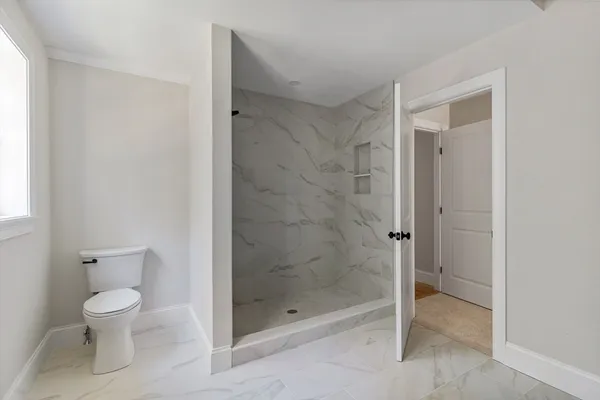 a bathroom with a shower and a toilet