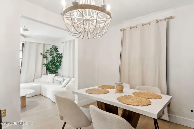 a view of a dining room with furniture window and outside view