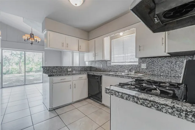a backyard of a house with plants and large tree