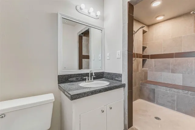 a bathroom with a granite countertop sink toilet and shower