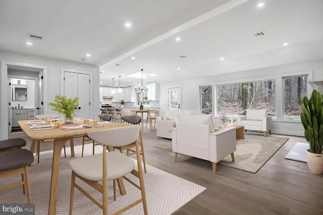 a view of a kitchen with dining table and chairs