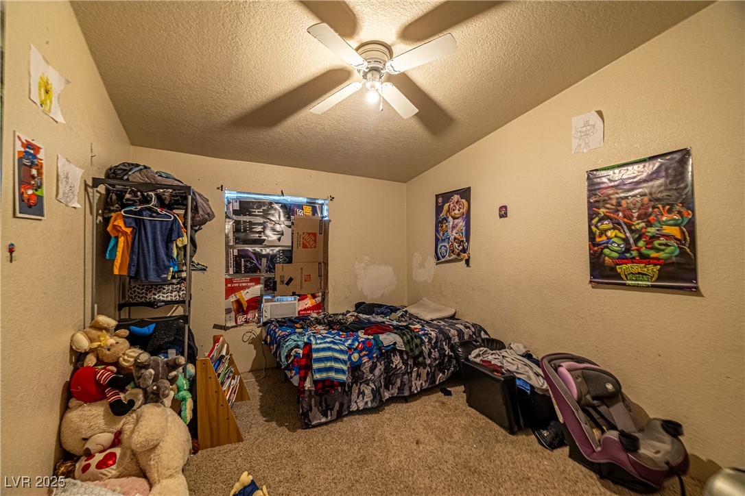 4231 West Wilson Road Pahrump, NV 89048 - Photo 7 of 15 Carpeted bedroom with vaulted ceiling, a ceiling fan, a textured wall, and a textured ceiling