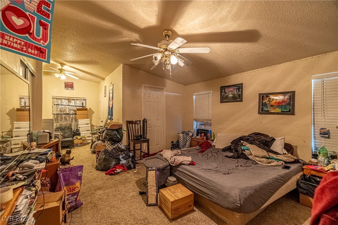 4231 West Wilson Road Pahrump, NV 89048 - Photo 9 of 15 Bedroom featuring a textured ceiling, ceiling fan, lofted ceiling, carpet floors, and a textured wall