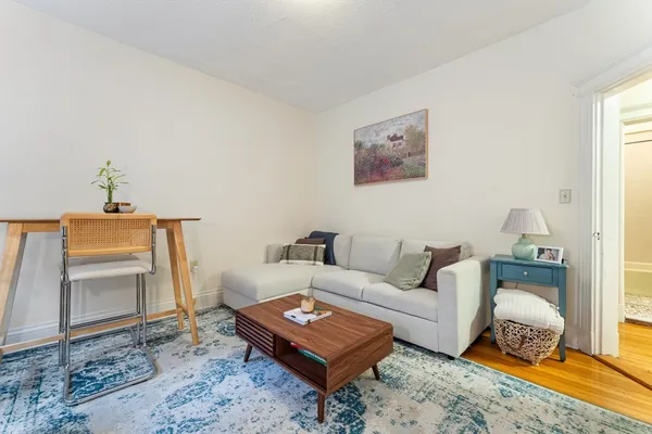 a living room with furniture and a rug