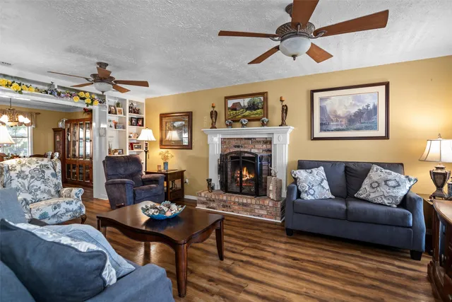 a living room with furniture and a fireplace