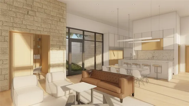 a living room with fireplace furniture and a floor to ceiling window