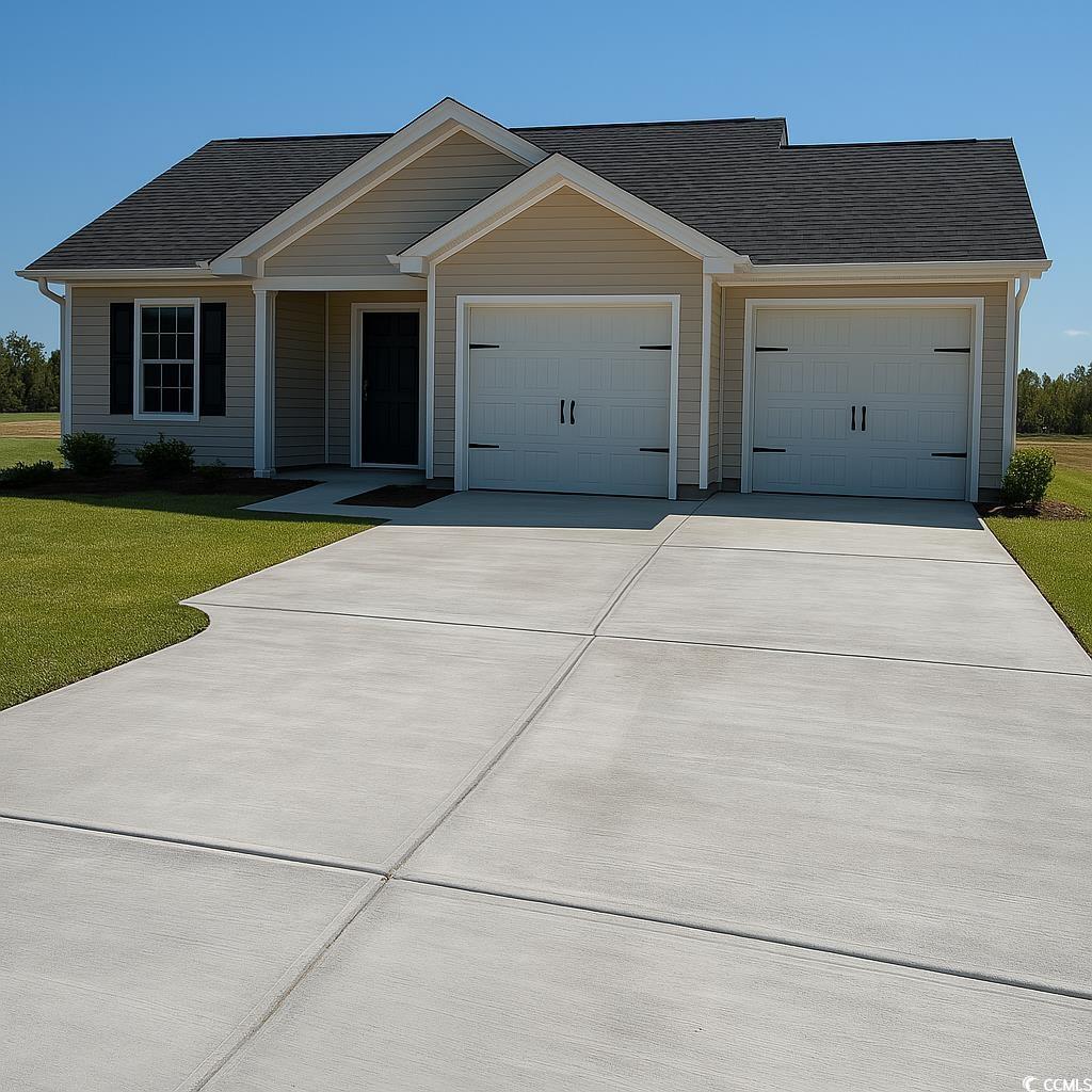 Ranch-style home featuring roof with shingles, driveway, a front lawn, an attached garage, and a porch