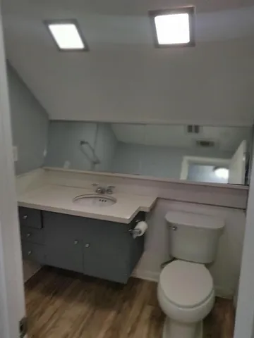 a bathroom with a toilet sink and mirror
