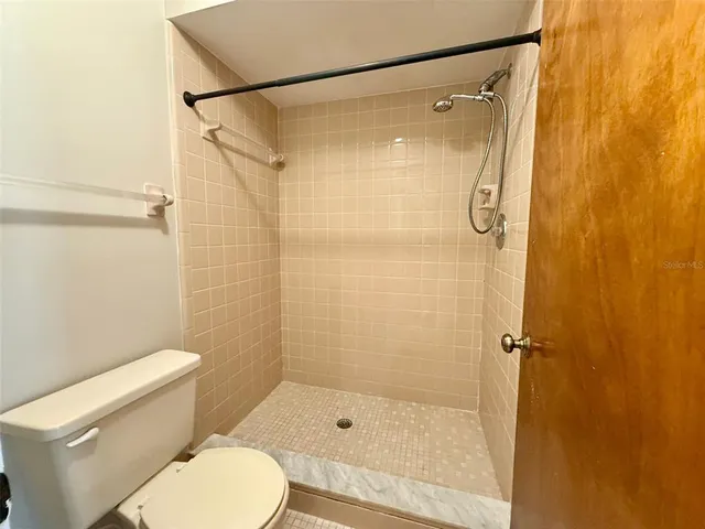 a bathroom with a shower and a toilet
