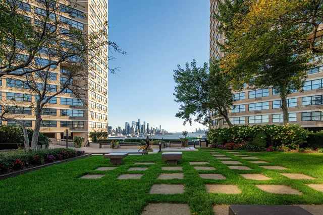 a garden view with tall buildings