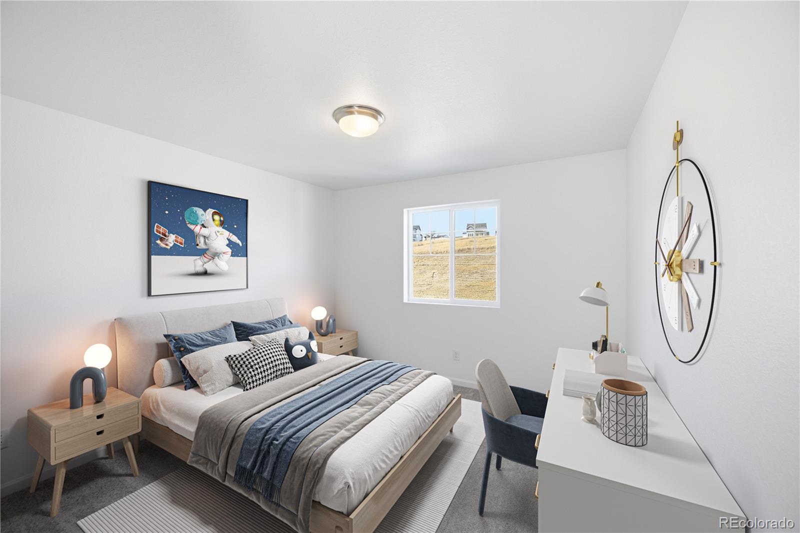 39803 Penn Road Elizabeth, CO 80107 - Photo 7 of 43 a bedroom with a bed and a chandelier