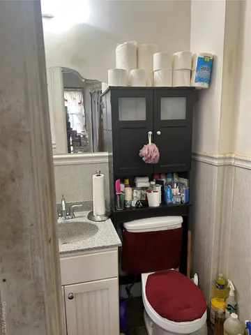 a bathroom with a sink a toilet and a mirror