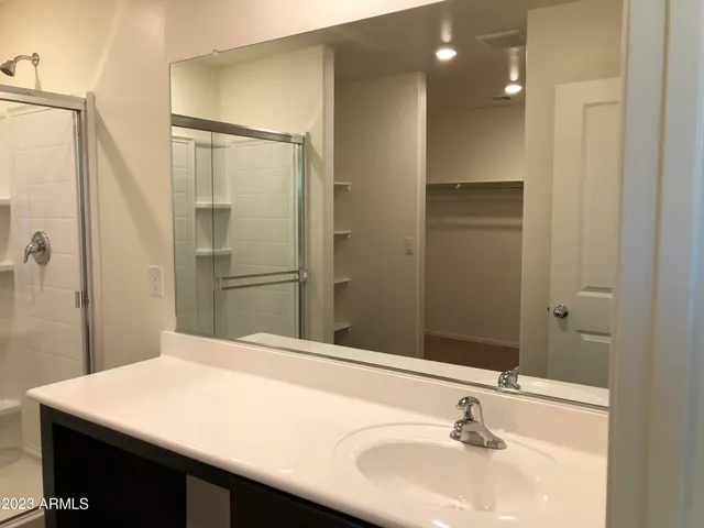 a bathroom with a shower and a sink