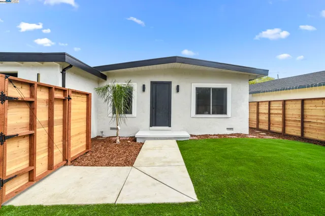 a view of a backyard with potted plants and large tree