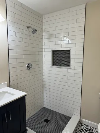 a bathroom with a sink and a shower