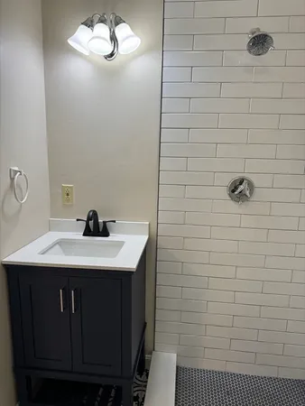 a bathroom with a sink a vanity and a shower