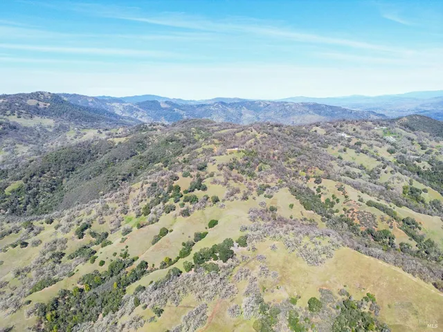 a view of a dry field with mountains in the background