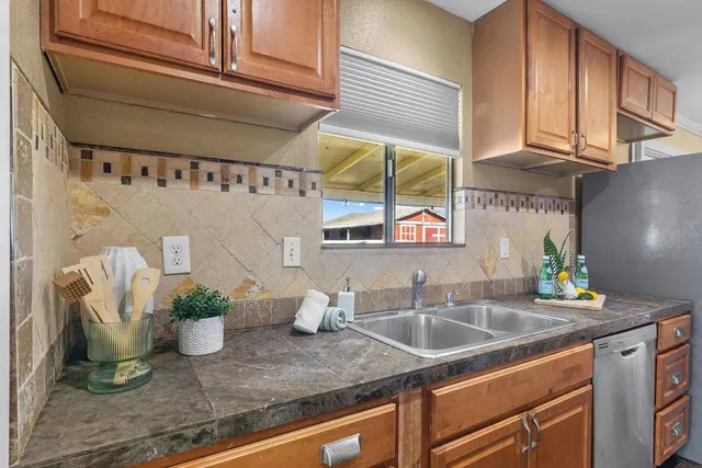 a kitchen with a sink a counter cabinets and a potted plant