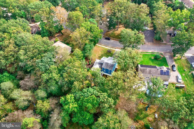 an aerial view of a house with a yard and a large tree