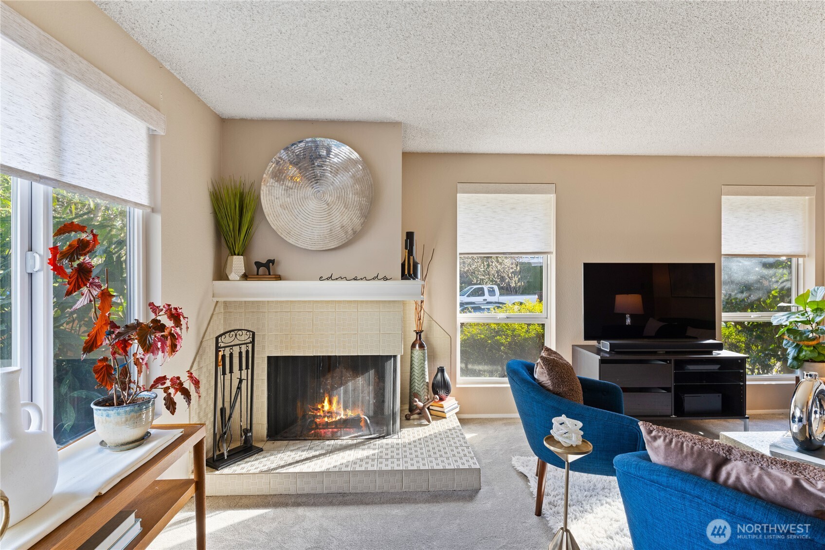 242 4th Avenue South, Unit 2 Edmonds, WA 98020 - Photo 13 of 34 a living room with furniture a fireplace and a flat screen tv