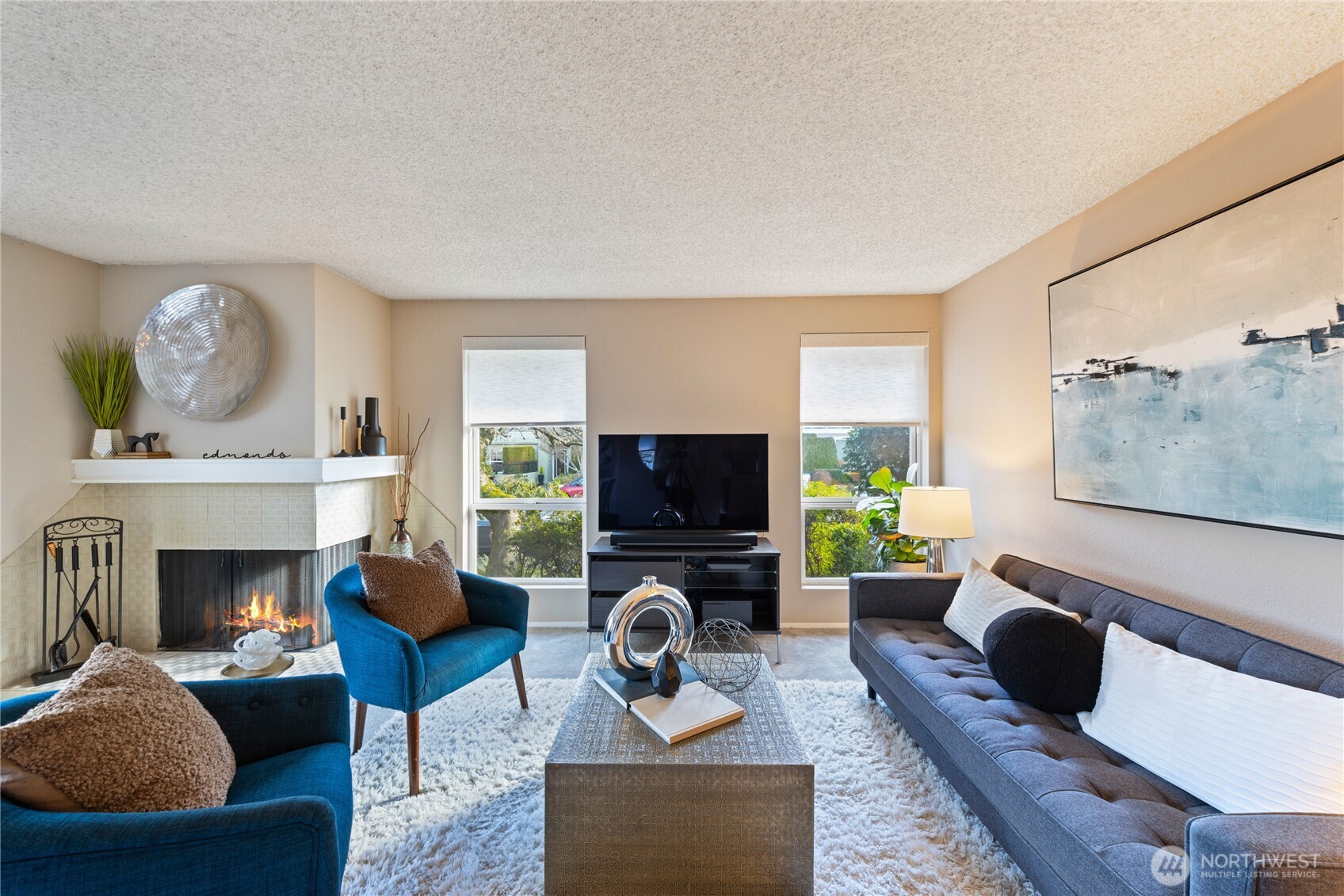 242 4th Avenue South, Unit 2 Edmonds, WA 98020 - Photo 4 of 34 a living room with furniture a fireplace and a flat screen tv