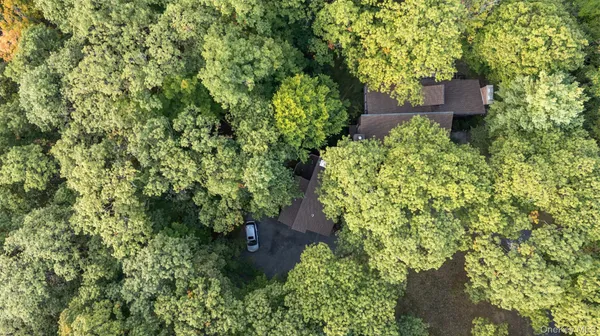an aerial view of a house with a yard and covered with trees