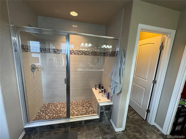 a bathroom with a shower and toilet