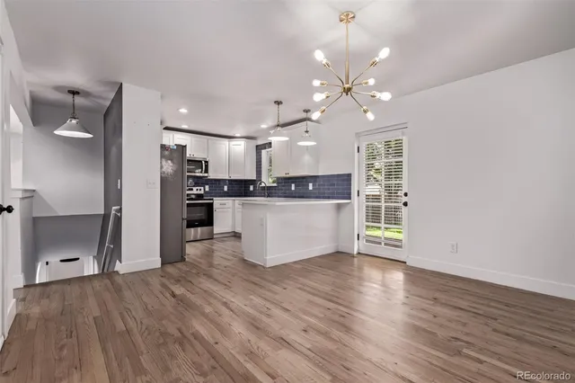 a view of a kitchen with wooden floor and a kitchen