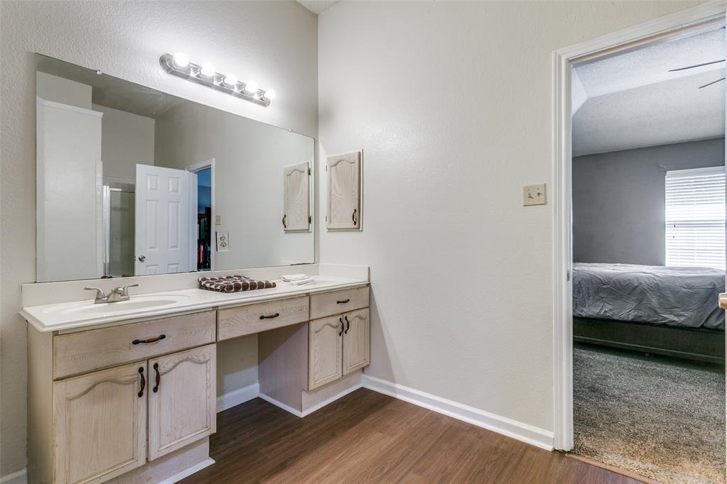2133 Rim Rock Drive Keller, TX 76248 - Photo 25 of 37 Full bath featuring vanity, dark wood finished floors, ensuite bathroom, and a stall shower