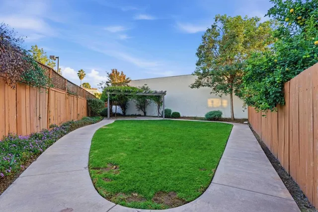 a view of a garden with a slide