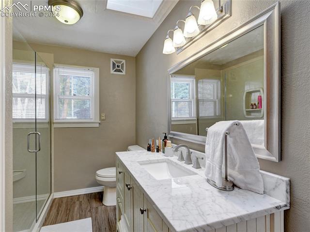 4955 Dodd Road Cascade, CO 80809 - Photo 15 of 45 Bathroom featuring a shower with shower door, hardwood / wood-style floors, large vanity, toilet, and a skylight