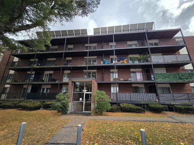 a view of a building with a large window