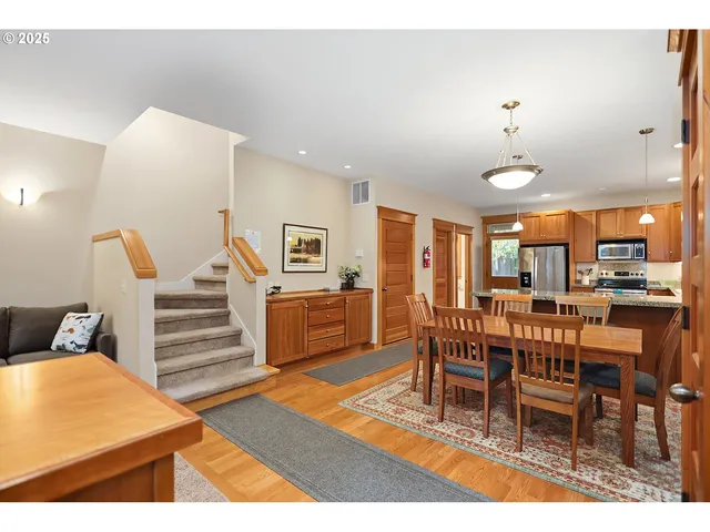 a view of a dining room with furniture