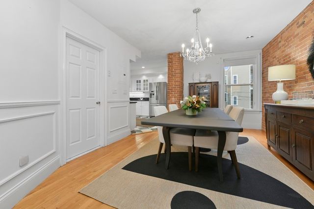 a view of a dining room with furniture
