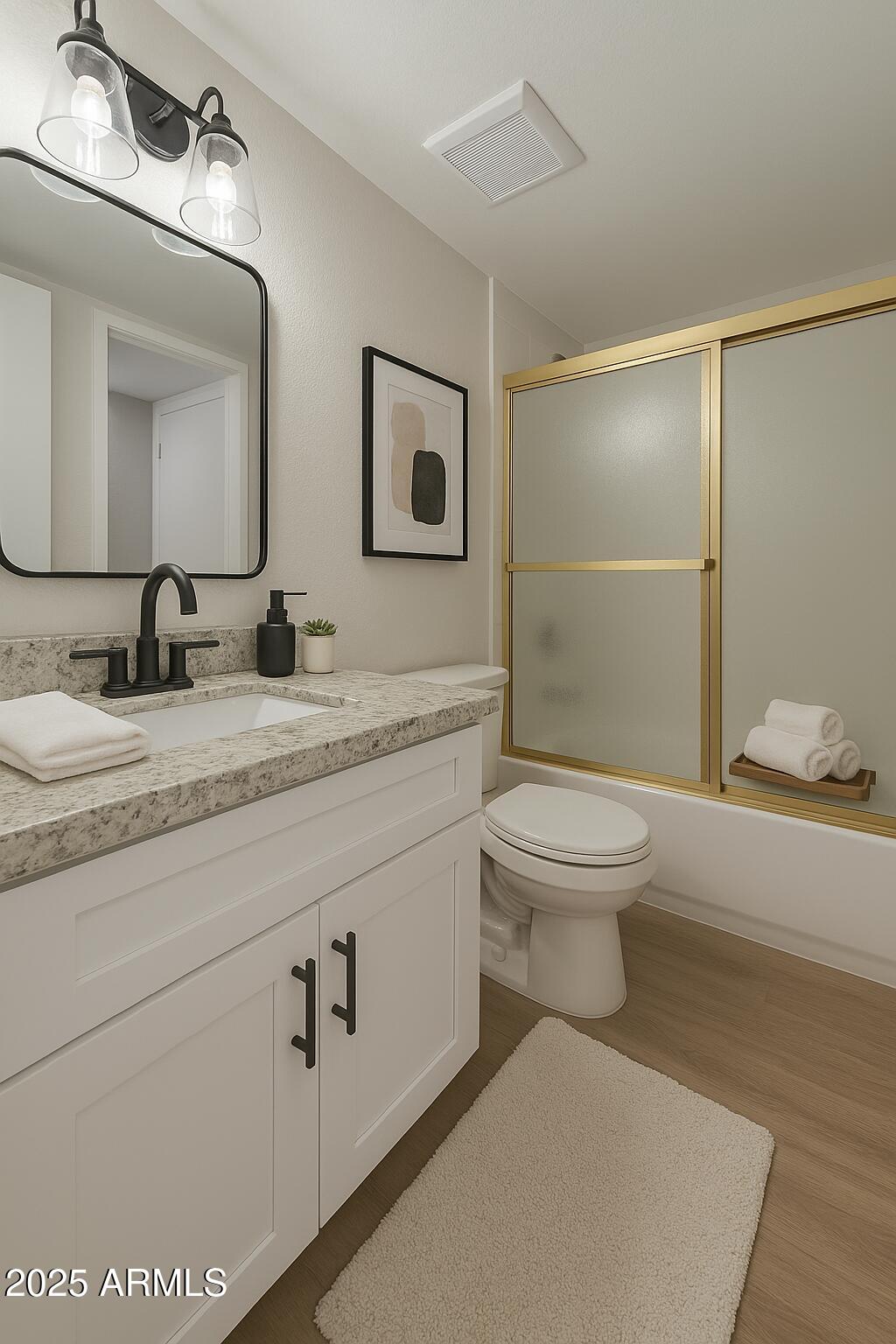 7930 East Camelback Road, Unit 506 Scottsdale, AZ 85251 - Photo 5 of 58 a bathroom with a granite countertop sink a toilet and a mirror