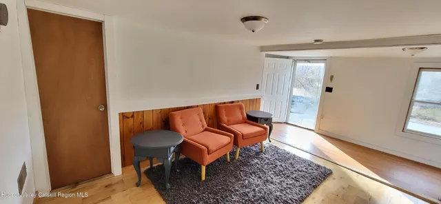 a living room with furniture and a rug