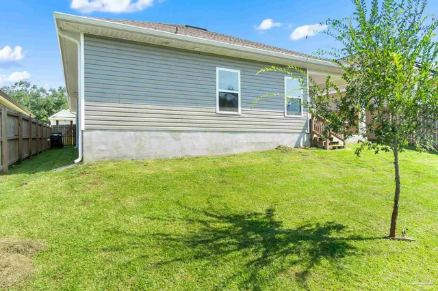 a view of a backyard with plants and large trees