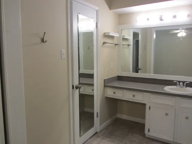 a bathroom with a double vanity sink a mirror and a shower